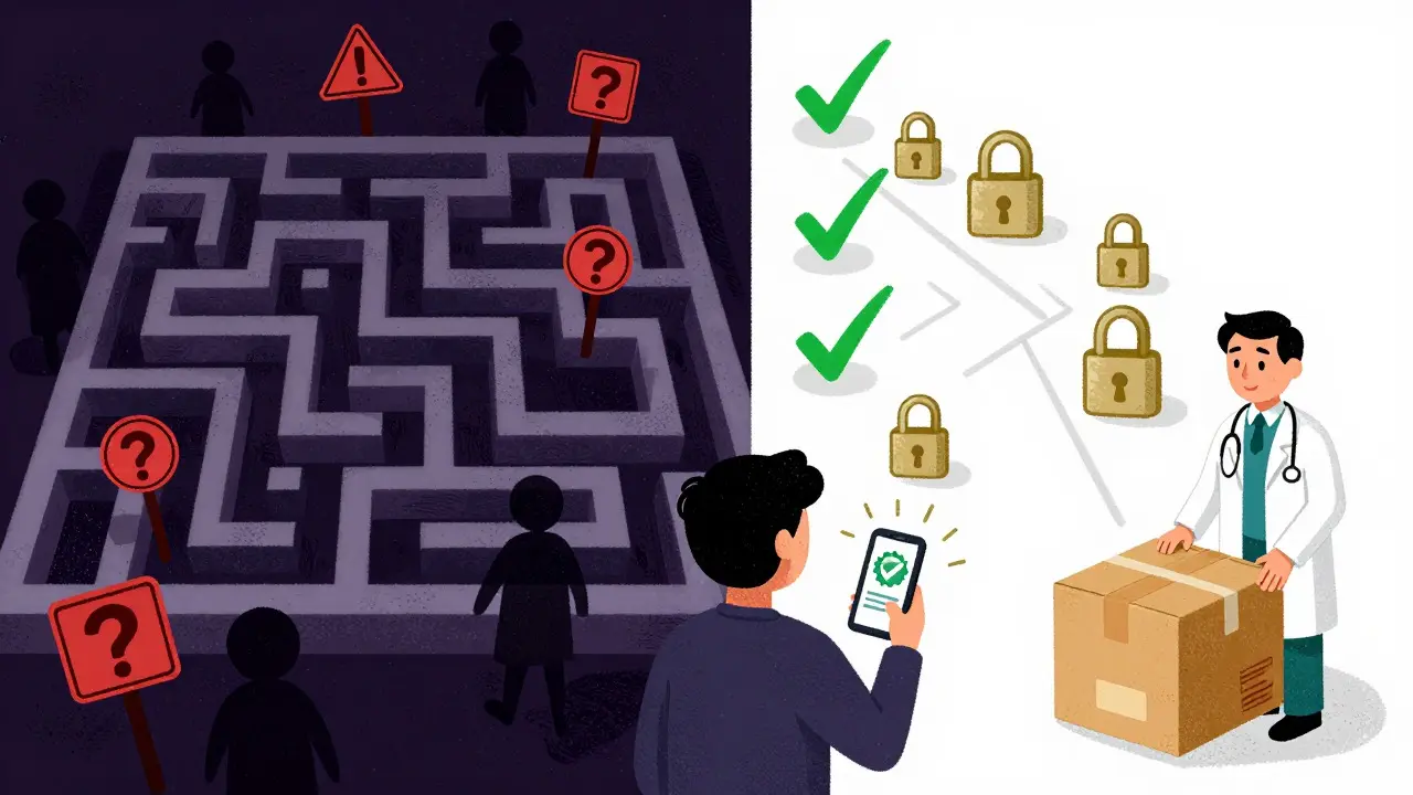 Split illustration contrasting unsafe mazes with safe pharmacy paths