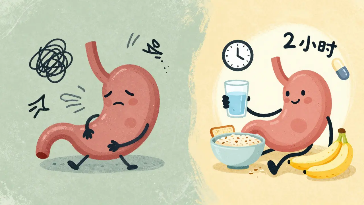 Split illustration showing stomach upset vs managed gut health with probiotics