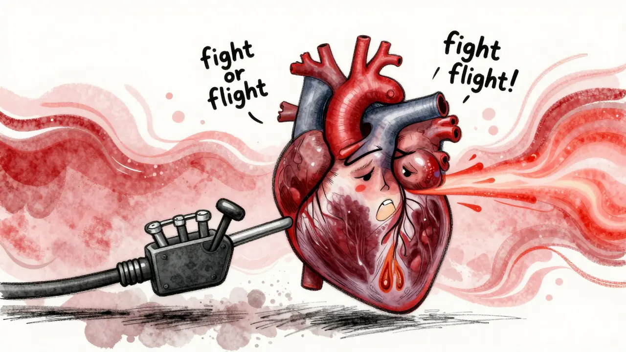Stressed heart character with rapid beat and energy waves