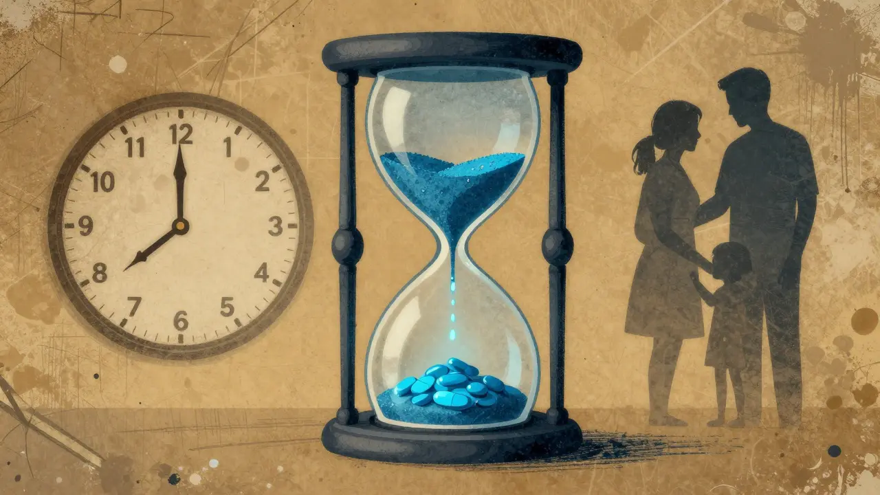 Symbolic hourglass with pills representing extended survival