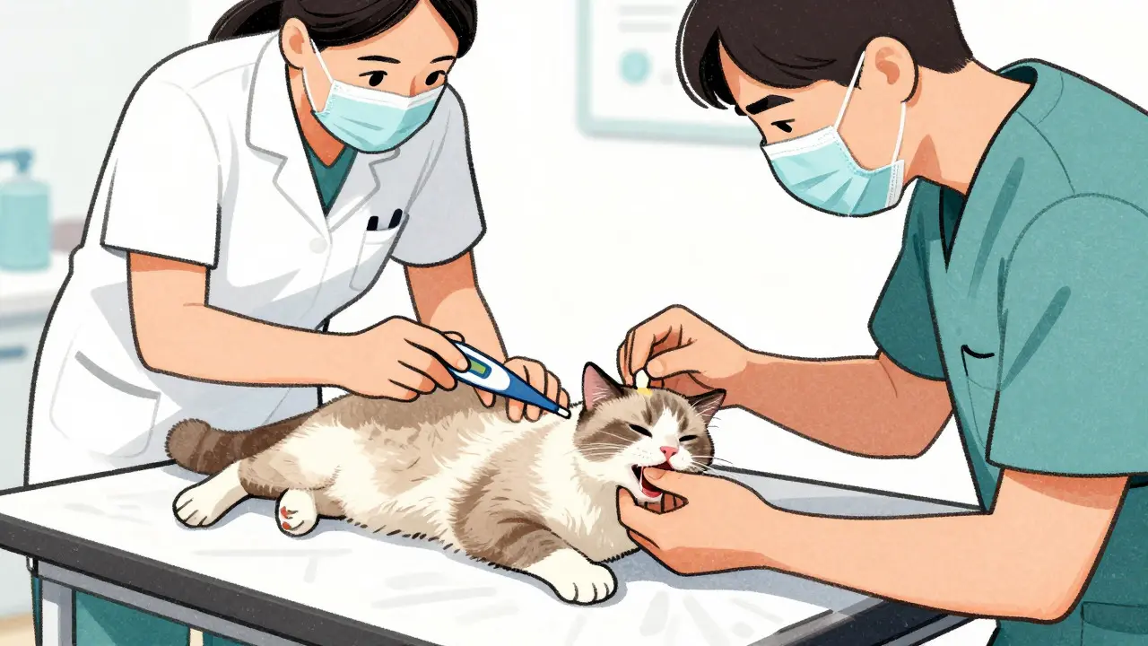 Veterinarian examining a cat's gums during a poisoning check