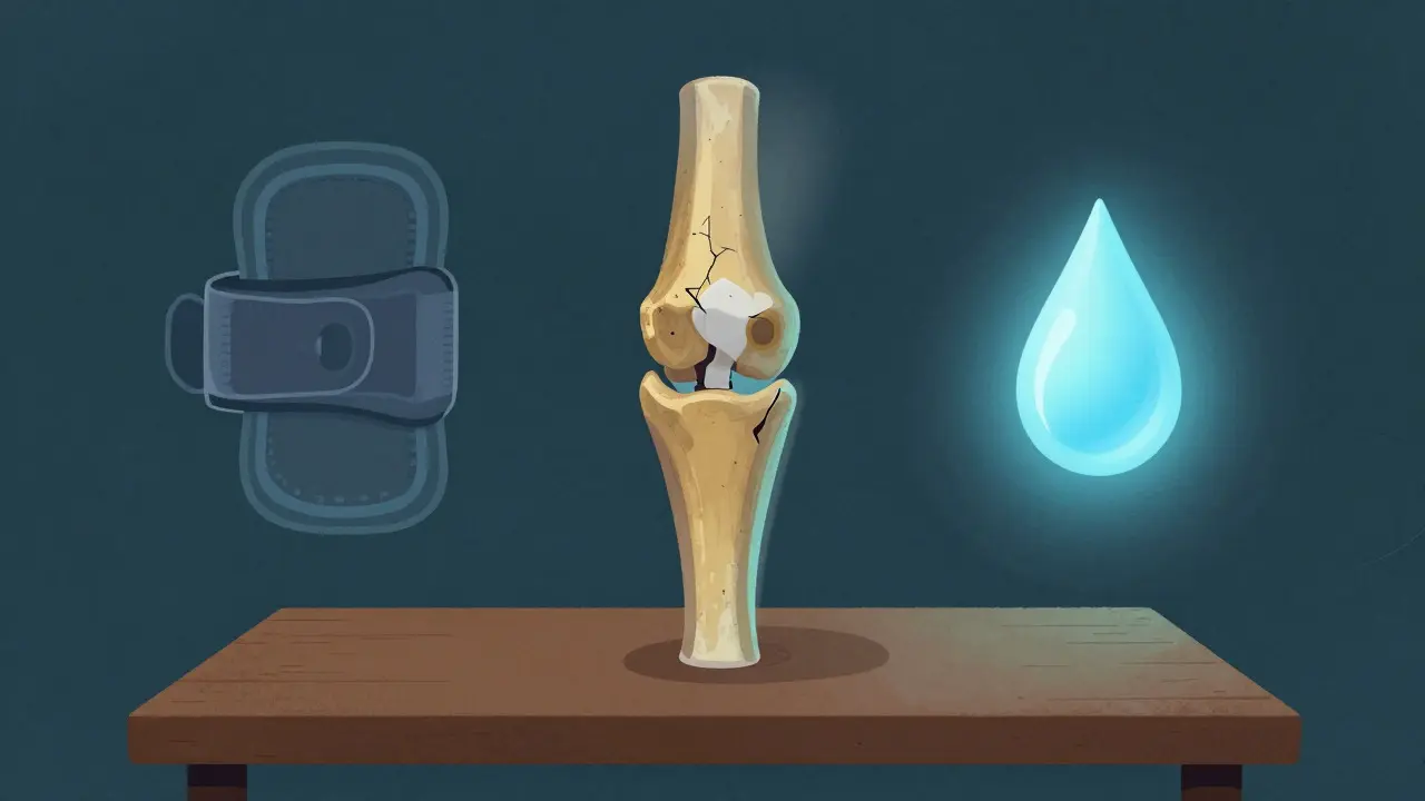 Conceptual art of a damaged knee joint surrounded by symbols of alternative therapies