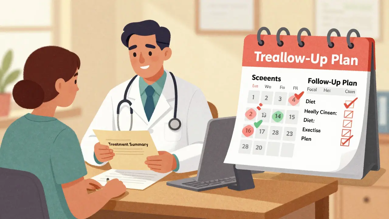 Doctor and patient reviewing treatment summary and follow-up checklist