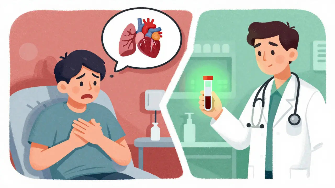 Doctor using blood test to clarify patient's breathing issue