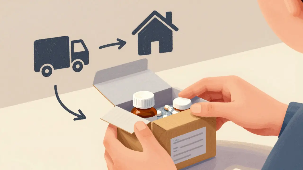 Hands inspecting a delivered medication package for safety