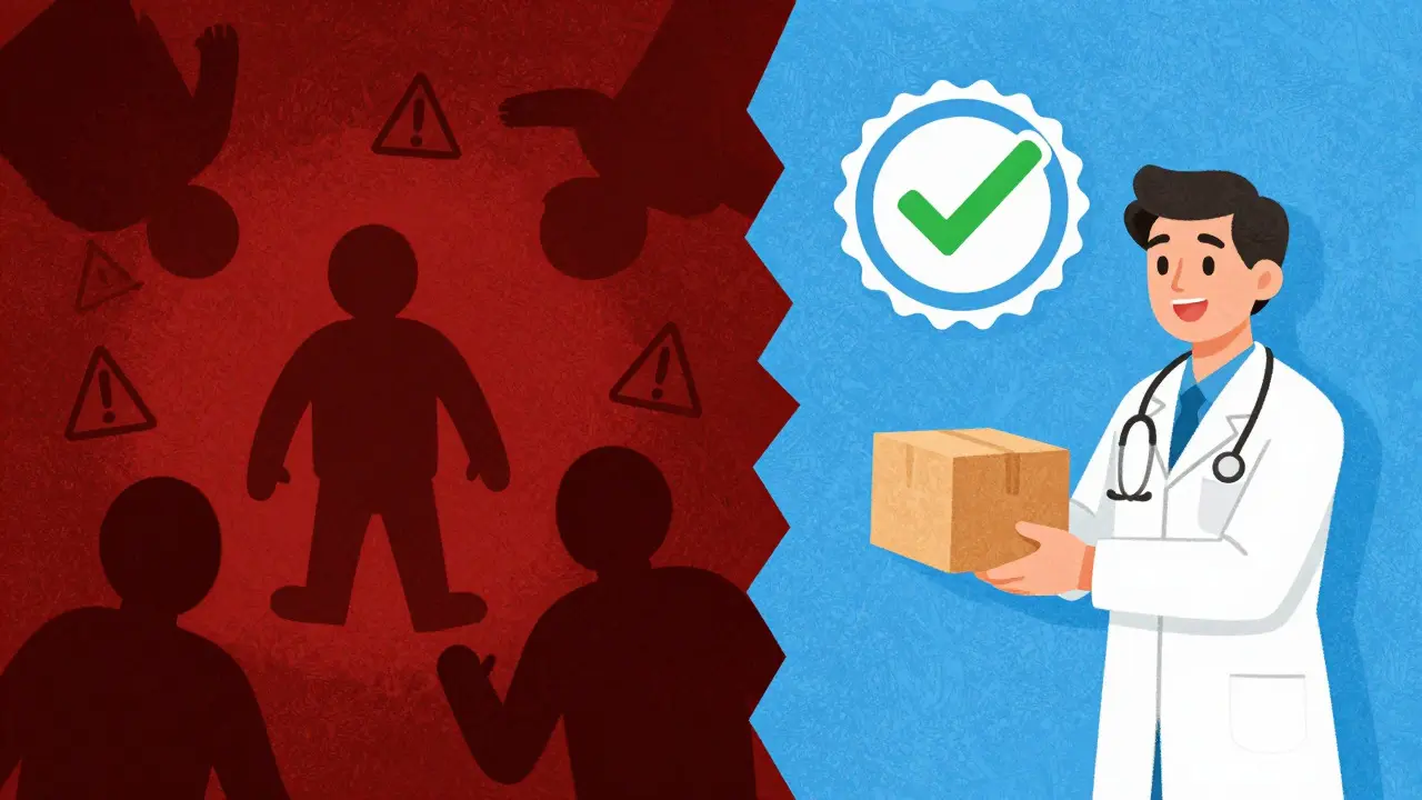 Illustration comparing risky scam sites vs safe verified pharmacies