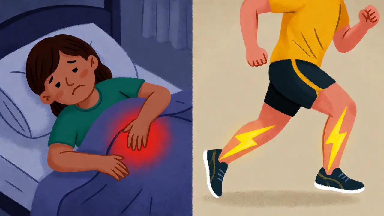Illustration contrasting diffuse night pain from bursitis with localized movement pain from tendinitis.