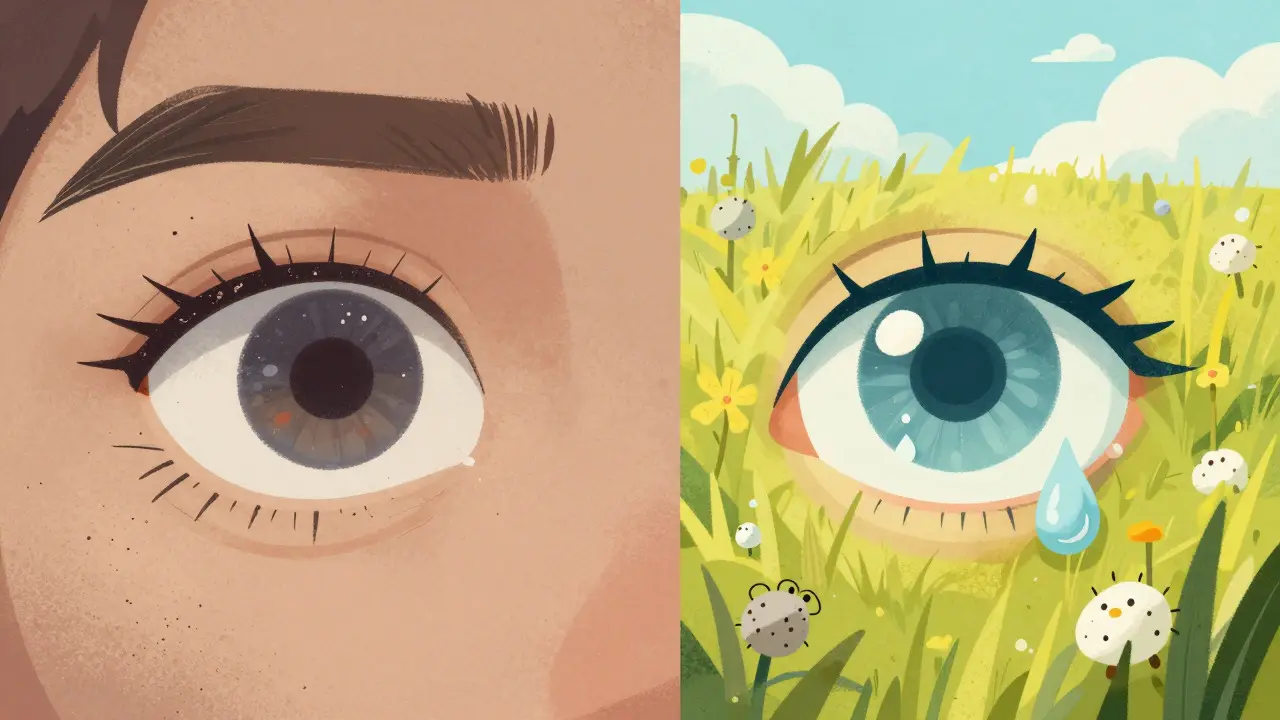 Illustration contrasting dry gritty eyes with watery allergic eyes