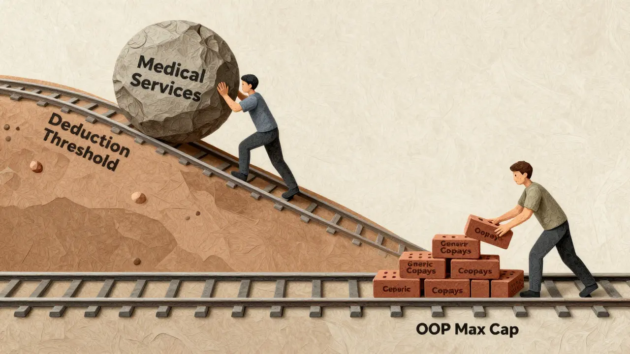 Illustration showing separate paths for medical costs and drug copays