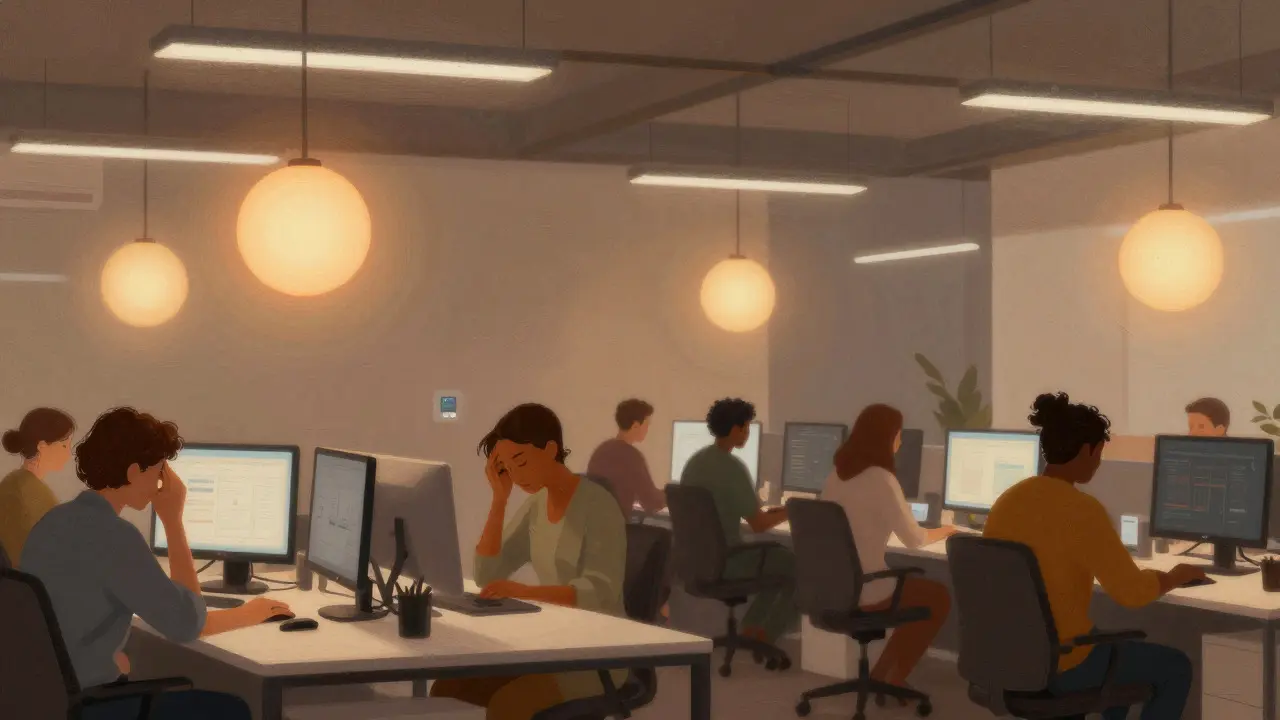 Office workers comfortable under warm, dimmed ambient lighting