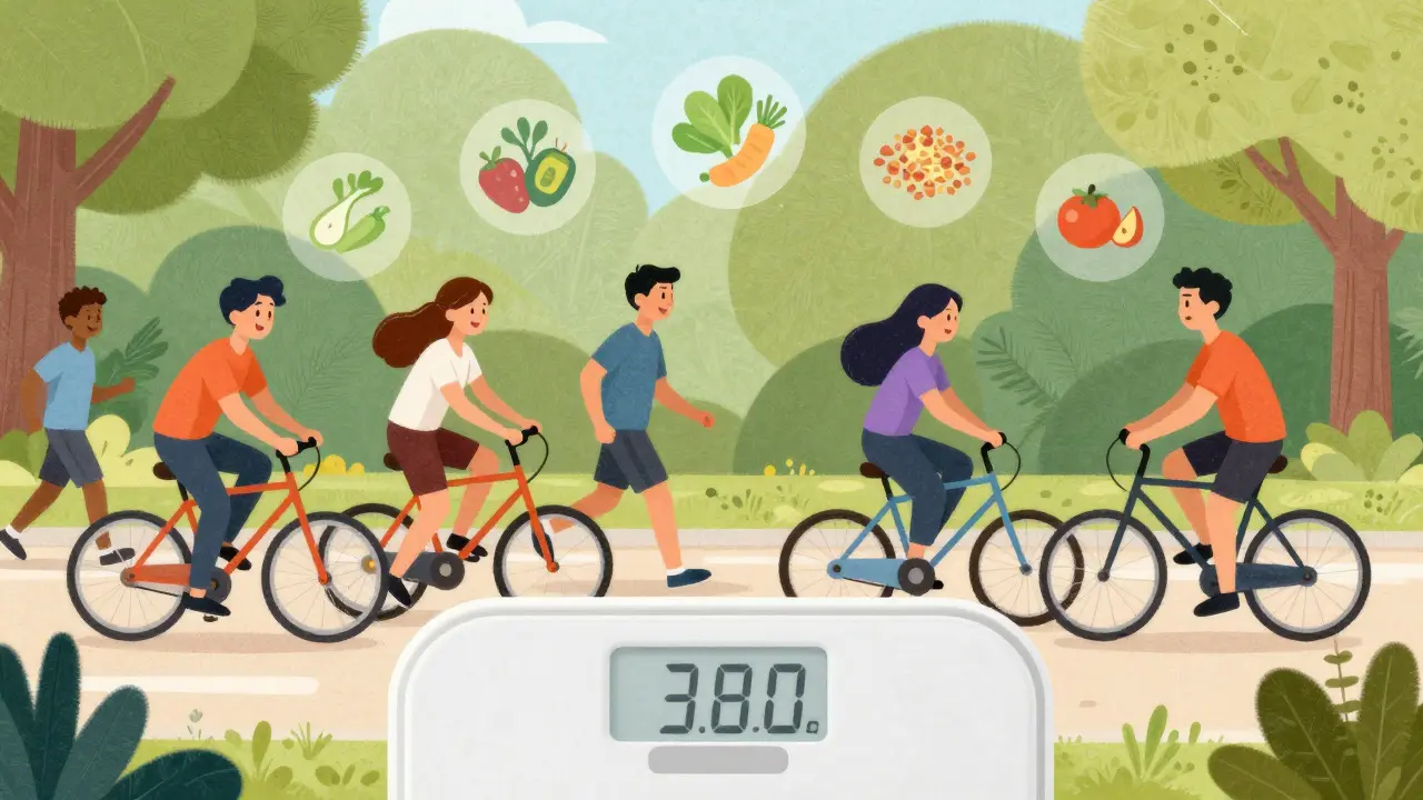 People exercising and eating well to manage weight