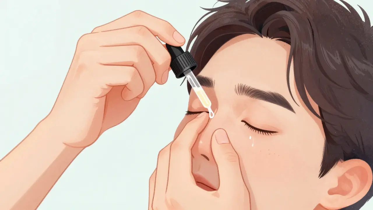 Person demonstrating correct technique for applying eye drops