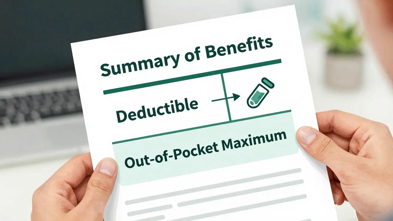 Person reviewing insurance plan details for out-of-pocket maximums