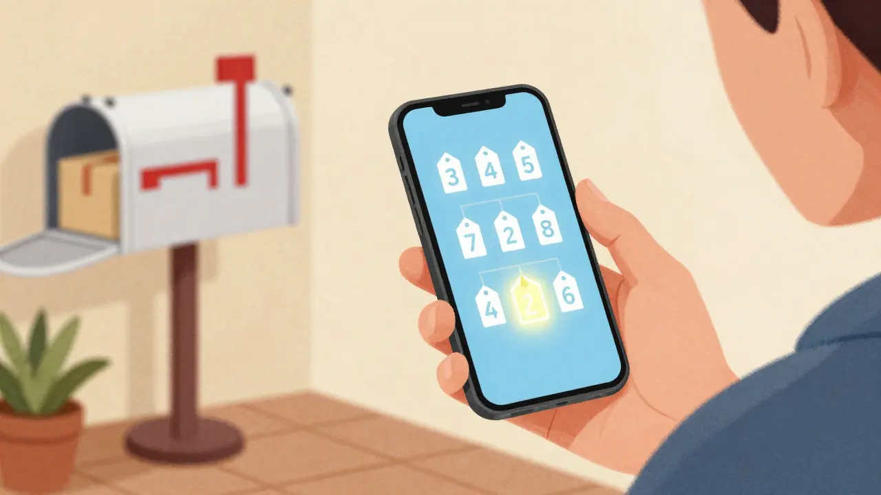 Person using smartphone to compare medication prices with a delivered package nearby