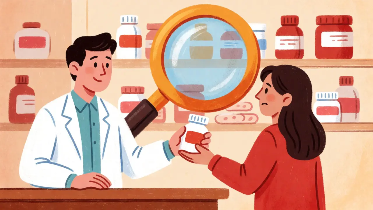 Pharmacist consulting a patient about medication safety and recalls.
