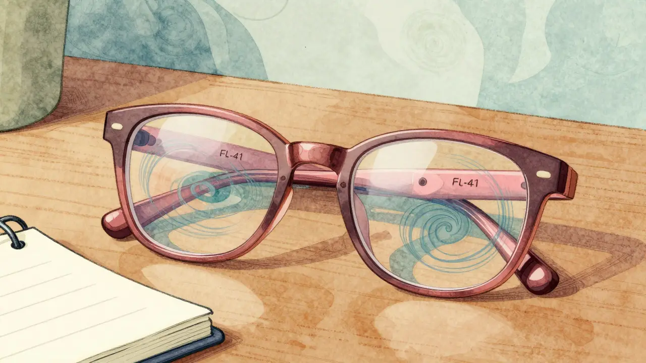 Rose-tinted glasses on a desk filtering out blue-green light waves