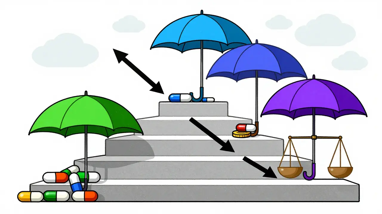 Stylized staircase showing cost differences between generic and brand drug tiers