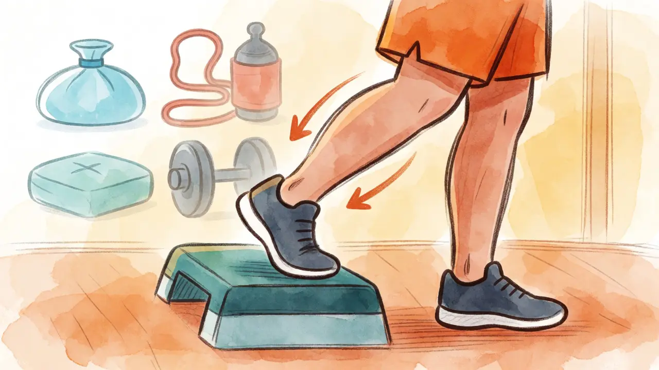 Textured cartoon of a person doing heel-drop exercises for tendon rehab with treatment icons in background.