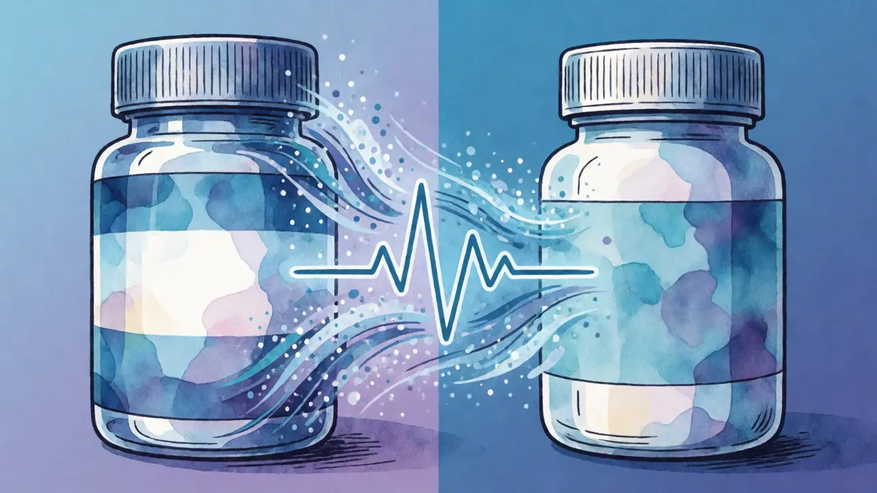 Conceptual illustration showing brand-name drugs transforming into generics with stable health effects.