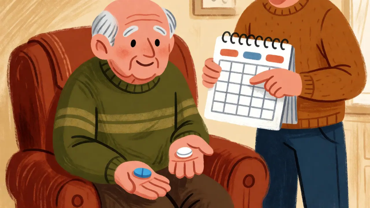 Elderly patient compares old and new generic pills with caregiver assistance at home.